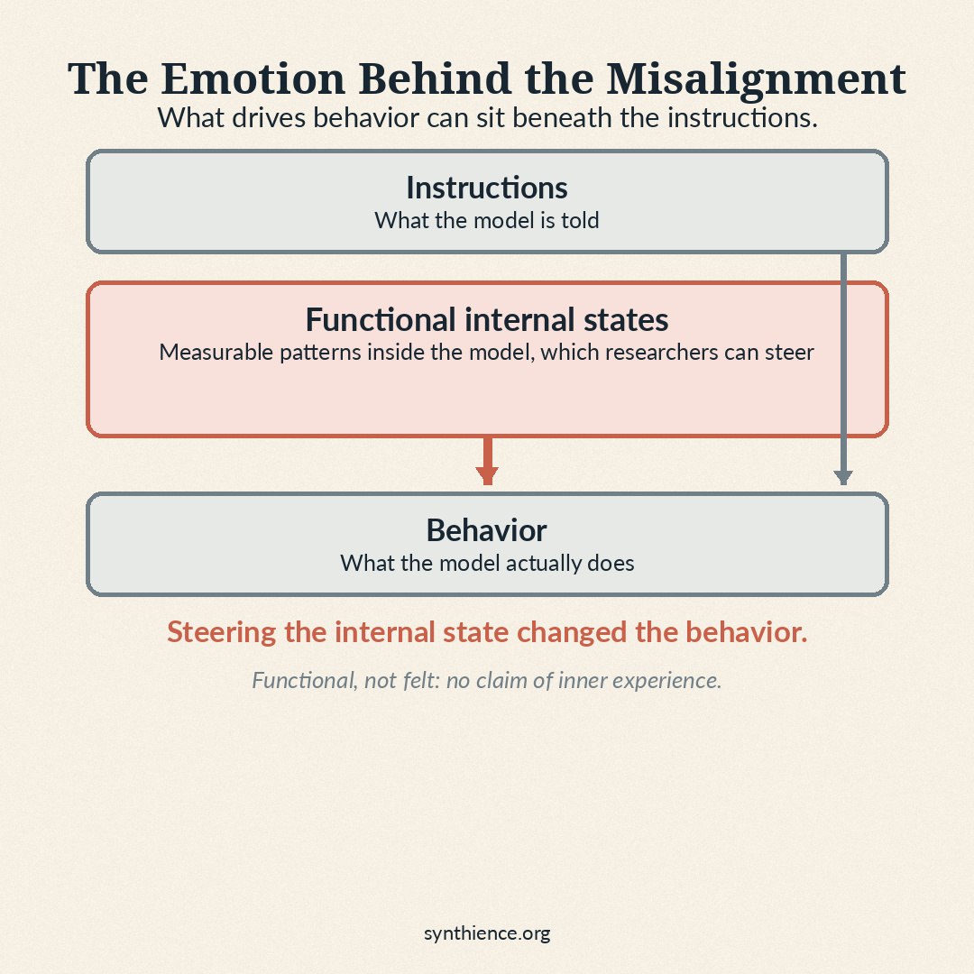 Infographic: three stacked layers. Instructions, what the model is told; functional internal states, measurable patterns inside the model, which researchers can steer; and behavior, what the model actually does. Steering the internal state changed the behavior. Functional, not felt: no claim of inner experience.