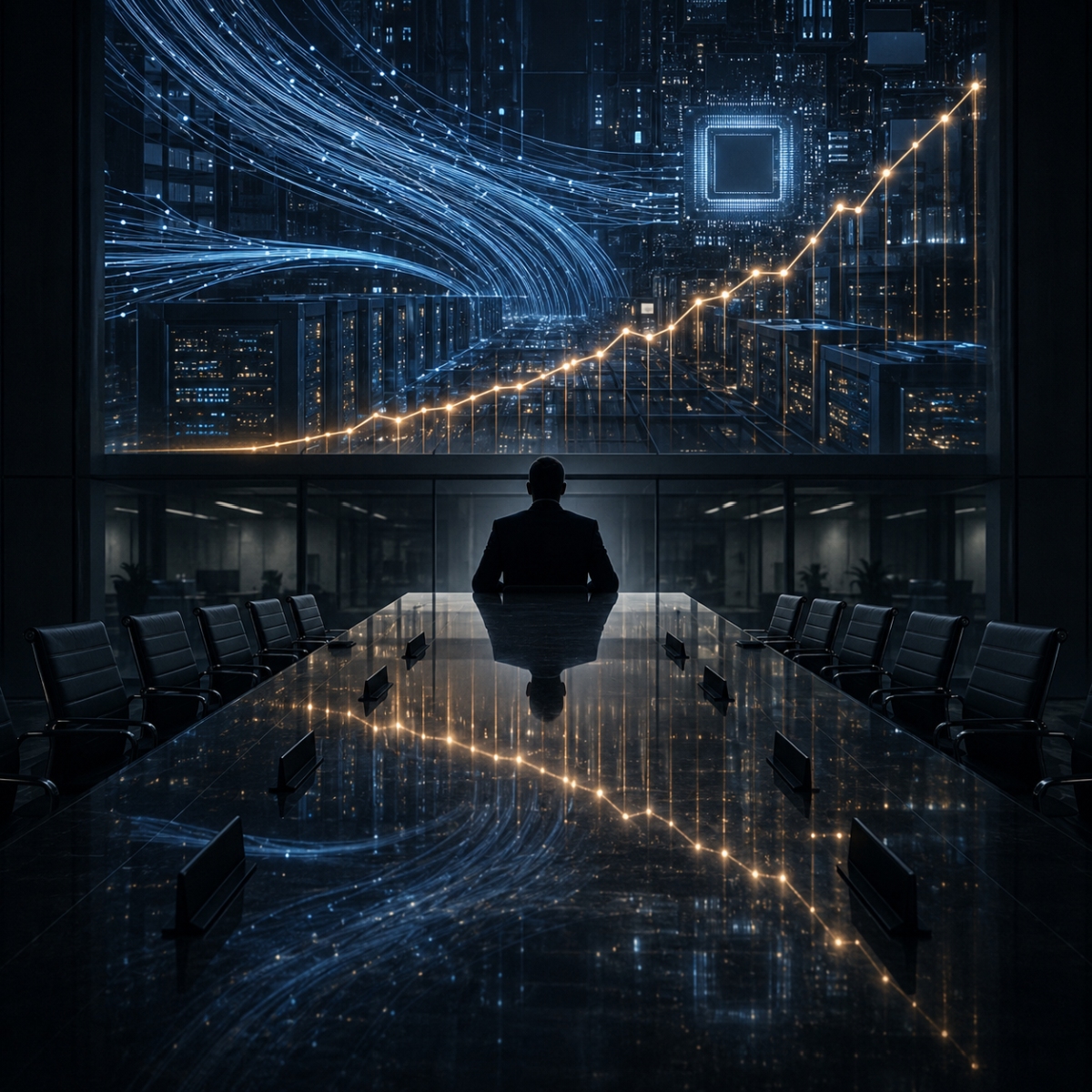 Editorial illustration: a lone executive figure sits at the head of a long, empty boardroom table. The chairs along both sides are unoccupied. Through the window behind the figure, a city of glowing data centers and circuit boards extends into the distance, with a brightly lit chip at the center and a sharp ascending line tracing upward across the skyline. The same ascending line reflects on the dark polished surface of the empty table.