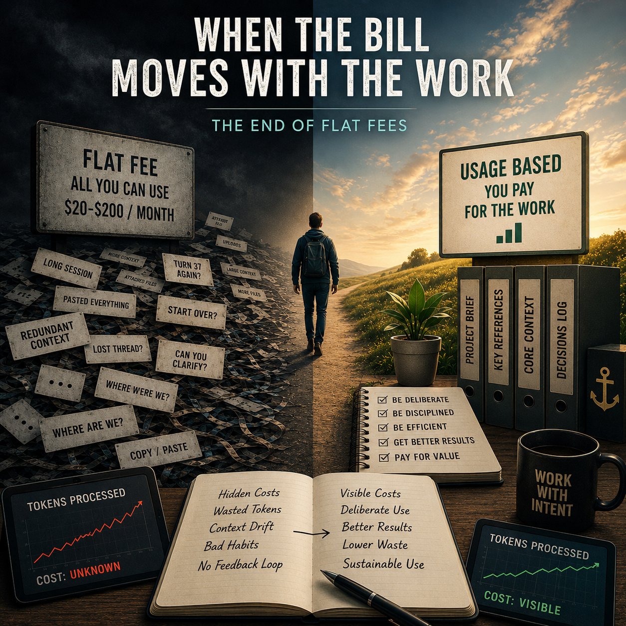 Editorial illustration in two halves. On the left, a dark sky over a mountain of crumpled paper signs reading Long Session, Pasted Everything, Redundant Context, Lost Thread, Where Were We, Copy Paste, More Files, Turn 37 Again, Start Over, Can You Clarify, beneath a sign that says Flat Fee All You Can Use $20 to $200 per month. A tablet at the bottom shows a red Tokens Processed graph rising sharply, labeled Cost Unknown. On the right, a person walks down a dirt path toward a bright sunrise. A sign reads Usage Based You Pay for the Work. Four labeled binders stand on a clean desk: Project Brief, Key References, Core Context, Decisions Log, with a small anchor icon beside them. An open notebook lists Be Deliberate, Be Disciplined, Be Efficient, Get Better Results, Pay for Value. A mug reads Work With Intent. A tablet shows a green Tokens Processed graph rising more gently, labeled Cost Visible. The headline at the top reads WHEN THE BILL MOVES WITH THE WORK, with subtitle THE END OF FLAT FEES. A center notebook spread contrasts Hidden Costs, Wasted Tokens, Context Drift, Bad Habits, No Feedback Loop on the left with Visible Costs, Deliberate Use, Better Results, Lower Waste, Sustainable Use on the right.