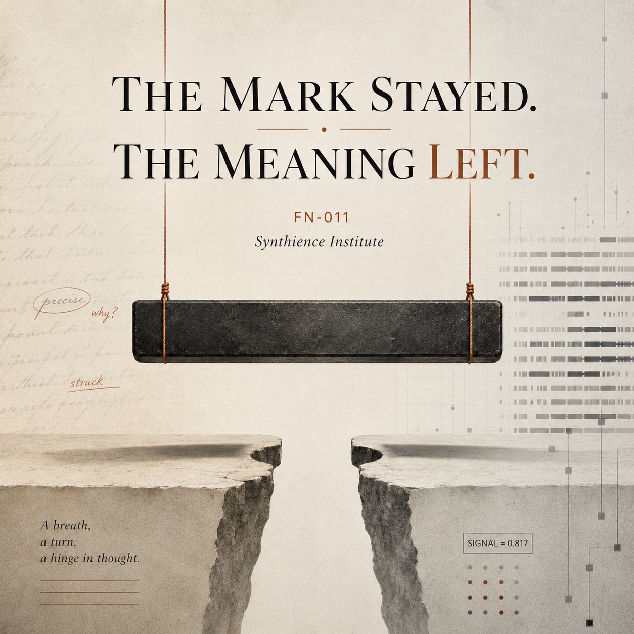 Editorial illustration for The Mark Stayed. The Meaning Left. A heavy bar shaped like an em dash hangs on cords, bridging a split in the ground beneath it, while a handwritten manuscript on the left dissolves into machine data bars on the right.