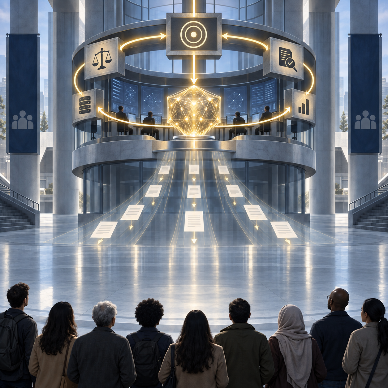 A circular institutional structure in pale stone. A closed ring of glowing arrows connects internal configuration, records, infrastructure and audit panels around a bright geometric AI core staffed by operators. Decision documents flow outward across an empty floor toward people standing below, but no route connects them back to the system.