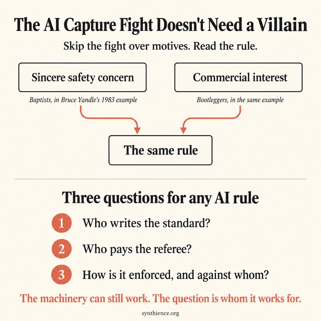 An infographic. Two boxes, &ldquo;Sincere safety concern&rdquo; and &ldquo;Commercial interest&rdquo;, send arrows into one box, &ldquo;The same rule&rdquo;. Below, three numbered questions for any AI rule: who writes the standard, who pays the referee, and how it is enforced and against whom. A coral line reads: the machinery can still work; the question is whom it works for.