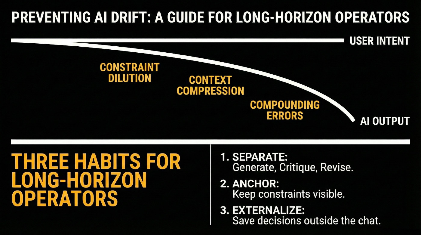 AI drift happens in every long session: user intent and AI output diverge over time due to constraint dilution, context compression, and compounding errors. Three habits for long-horizon operators: Separate, Anchor, Externalize.